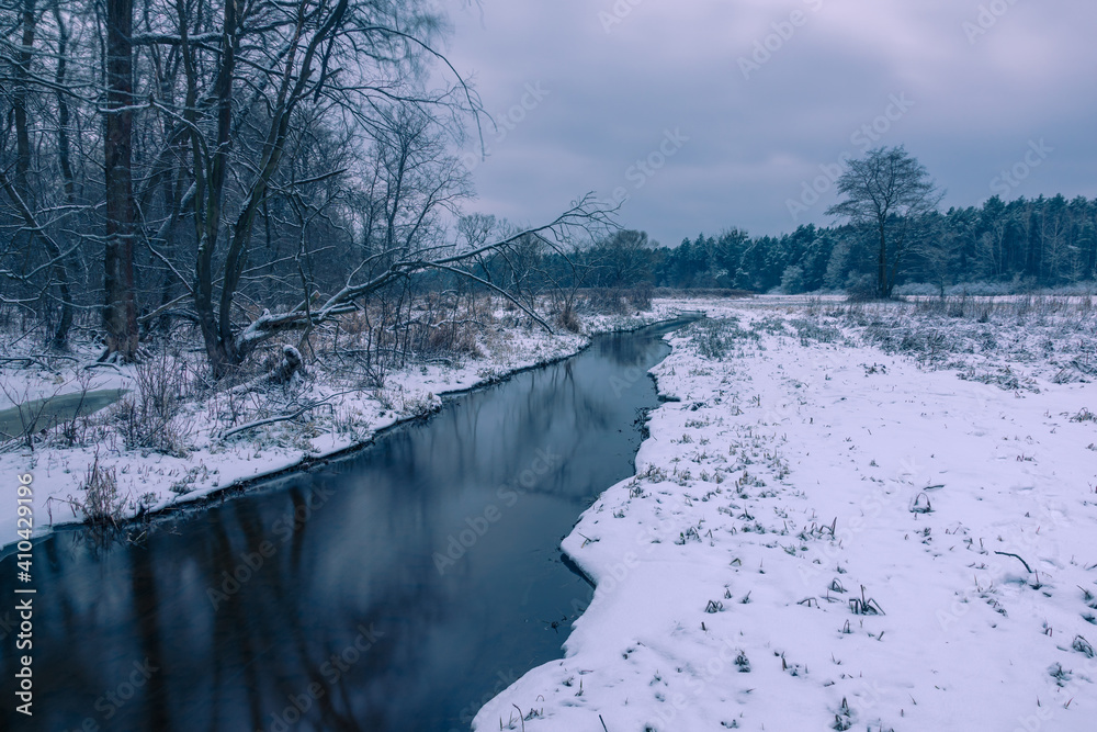 Mala River at winter in Chojnowski landscape park near Konstancin-Jeziorna, Masovia, Poland
