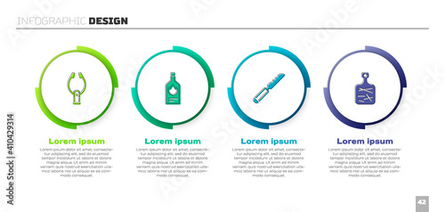 Set Meat tongs, Tabasco sauce, Bread knife and Cutting board. Business infographic template. Vector.