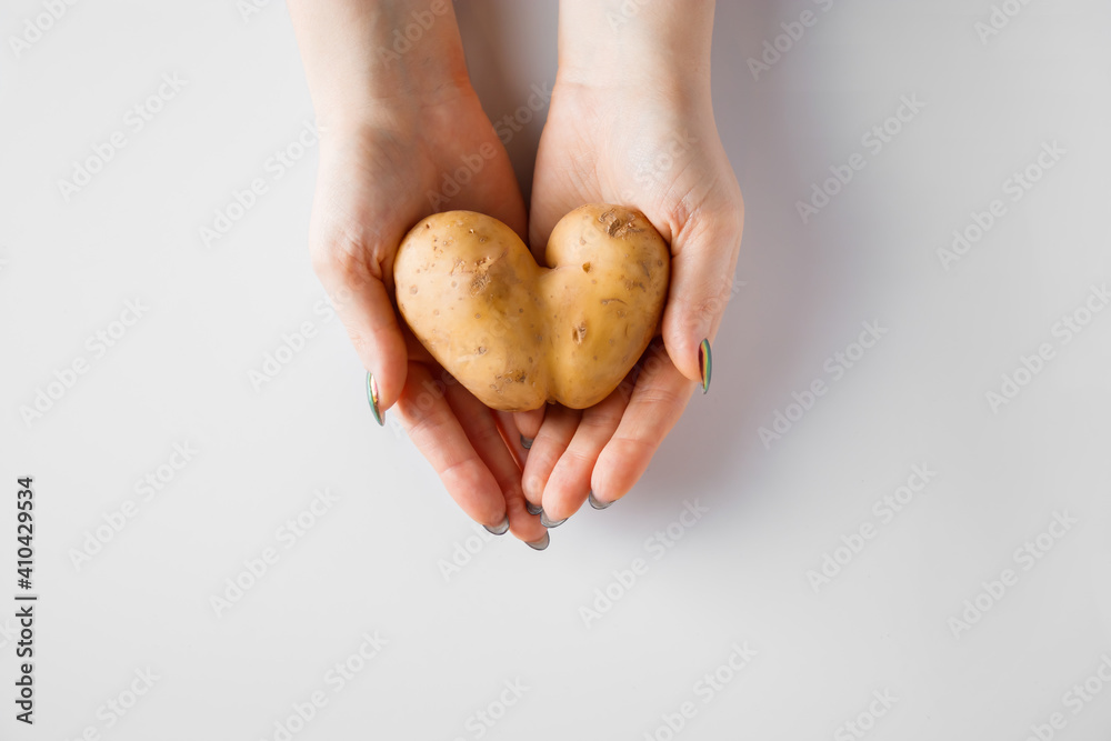 Heart shaped potatoes in hands on a white background. Valentine's day concept. Heart shaped potatoes in hands on a white background. Valentine's day concept.