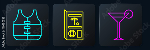 Set line Life jacket, Martini glass and Travel brochure. Black square button. Vector.