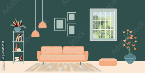 Living room interior scene with furniture and living room decoration illustration