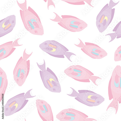 Isolated seamless pattern with pastel light tones surgeon fish shapes. White background. Doodle print.