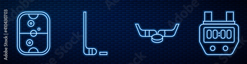 Set line Ice hockey sticks and puck, Air hockey table, Ice hockey stick and puck, Stopwatch and Sport bag. Glowing neon icon on brick wall. Vector.