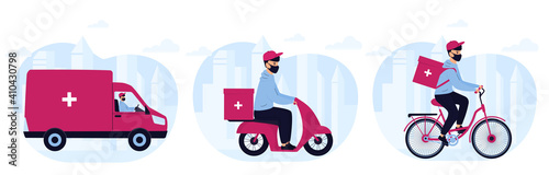 Delivery of medicine to home. Man courier in protective mask delivers medications by car, motorcycle, bicycle.