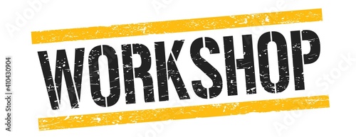 WORKSHOP text on black yellow vintage lines stamp.