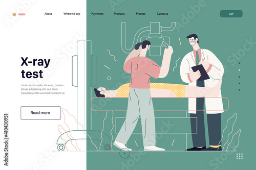 Medical tests template - x-ray test - modern flat vector concept digital illustration of x-ray procedure - a patient and doctors with a x-ray machine, medical office or laboratory