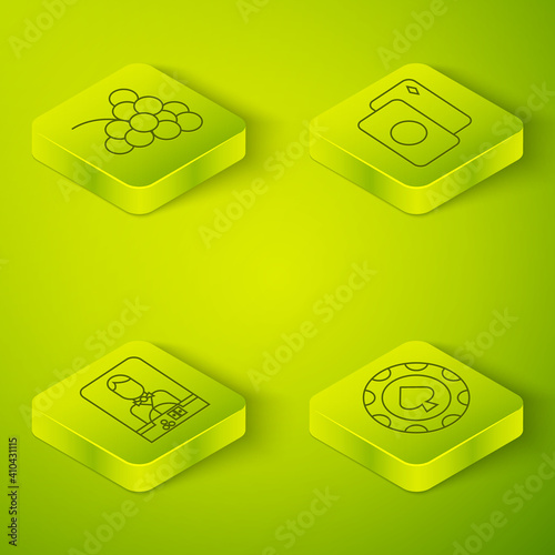 Set Isometric Deck of playing cards, Casino dealer, Casino chips and Casino slot machine with grape icon. Vector.