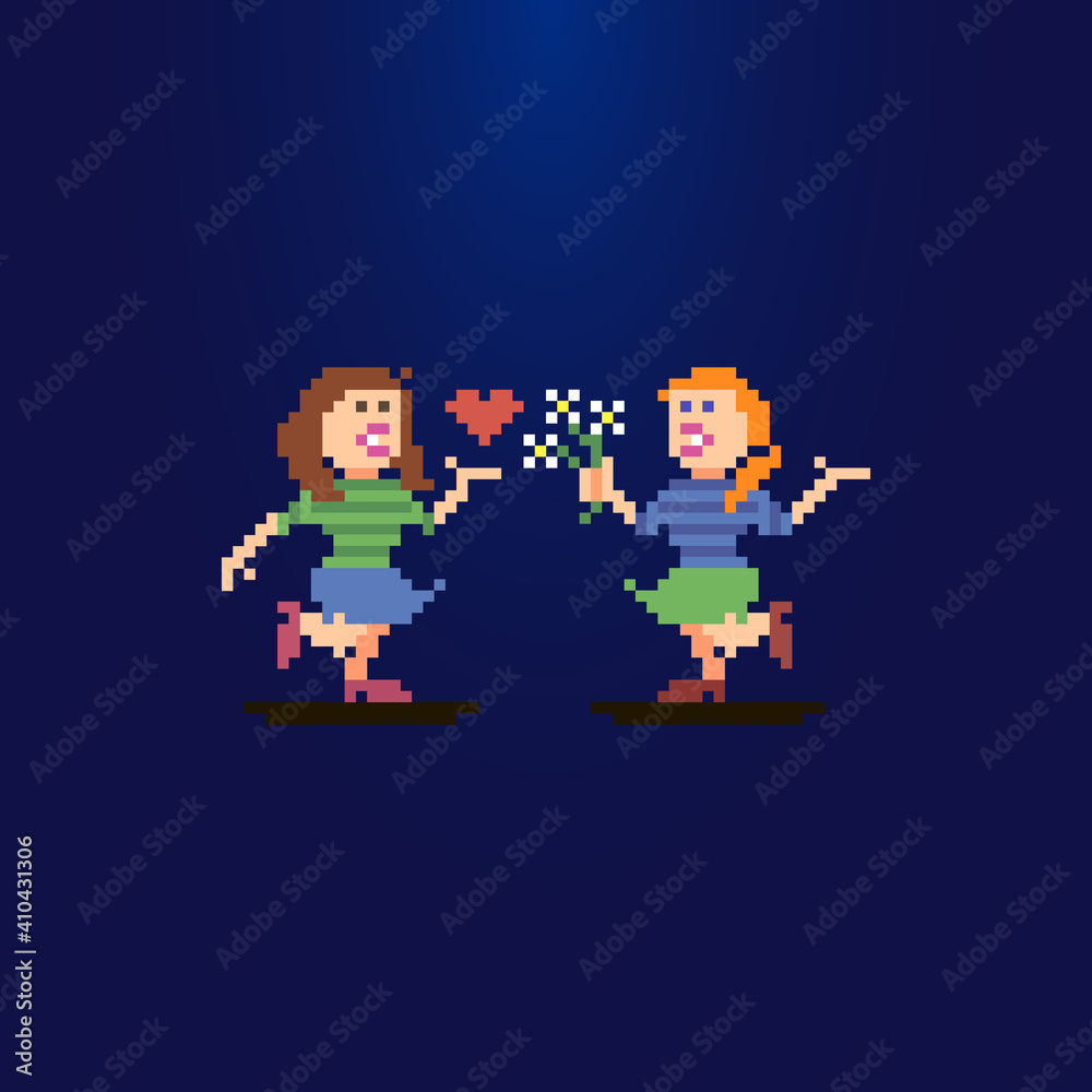 colorful simple flat pixel art illustration of date of two girls. one girl has a bouquet in her hand and another girl holds a heart in her hand colorful simple flat pixel art illustration of date of two girls. one girl has a bouquet in her hand and another girl holds a heart in her hand