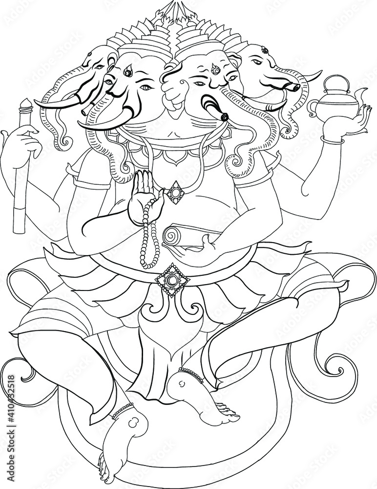Fototapeta premium Hand drawn ,Hindu elephant head God Lord Ganesha.Pikanesuan Dewali