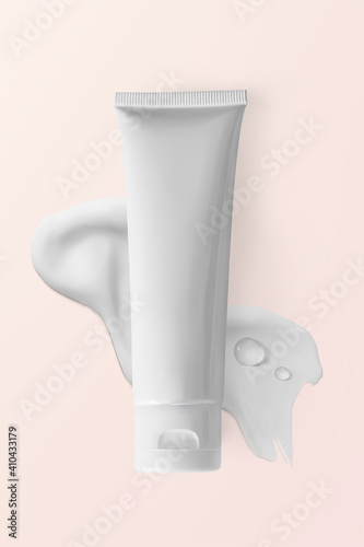 White plastic tube on moisturizer cream smear and serum drops on pink background realistic vector illustration. Concept cosmetic skincare, vertical