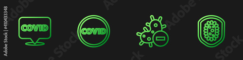 Set line Negative virus, Corona covid-19 on location, and Shield protecting from. Gradient color icons. Vector.