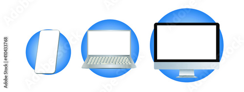 Website and app advertising.
Smartphone, laptop, desktop personal computer mockup with blank screen. Place for ad on display of phone, notebook, PC. Chroma key, copy space on devices. Design elements.