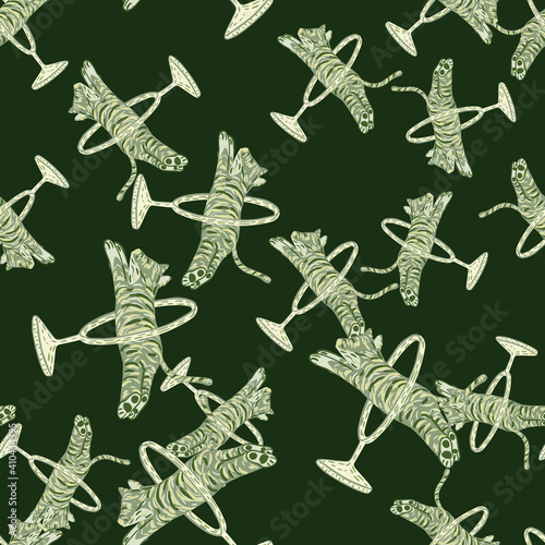 Random seamless pattern with abstract circus tiger jumping cats print. Green background. Simple design.