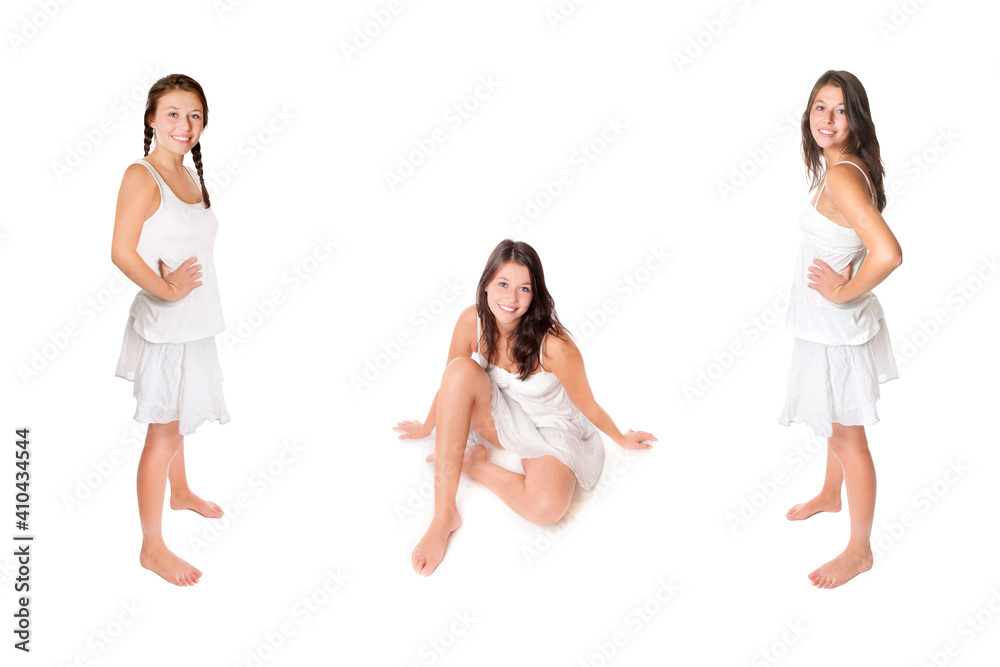 Laughing young woman wearing short summer skirts and white tops, three photos isolated in front of white studio background Laughing young woman wearing short summer skirts and white tops, three photos isolated in front of white studio background