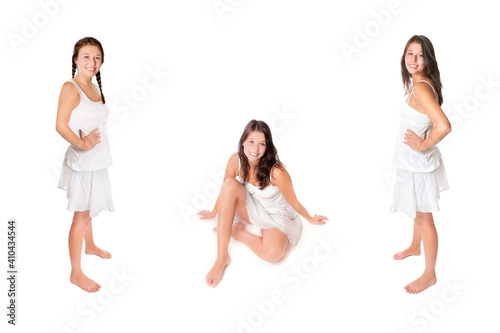 Laughing young woman wearing short summer skirts and white tops, three photos isolated in front of white studio background