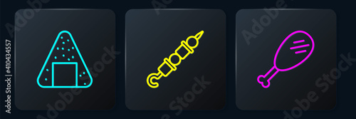 Set line Onigiri, Chicken leg and Grilled shish kebab. Black square button. Vector.