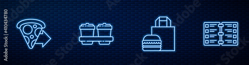 Set line Online ordering burger delivery, pizza, Coffee cup to go and Restaurant cafe menu. Glowing neon icon on brick wall. Vector.