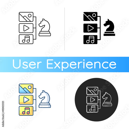 Content strategy icon. Social media planning. Responsive user interface mapping. Multimedia structure development. User experience. Linear black and RGB color styles. Isolated vector illustrations