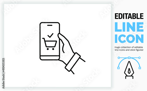 Editable line icon of a person buying a product online on his phone