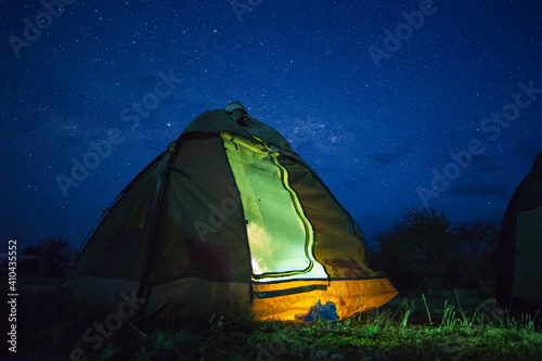 tent camping in the starry night