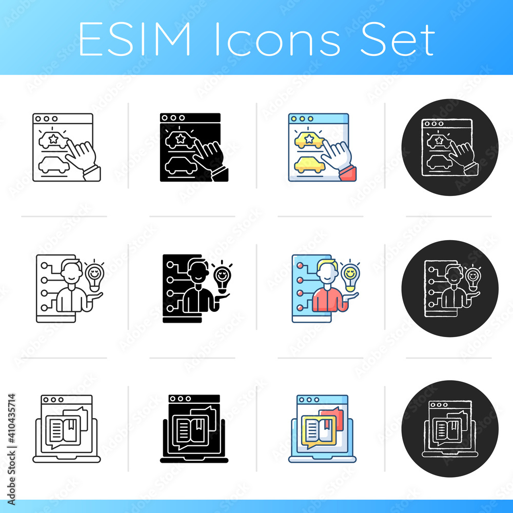 User experience management icons set. Desirable digital product. Emotional design. Storytelling in social media content. Linear, black and RGB color styles. Isolated vector illustrations