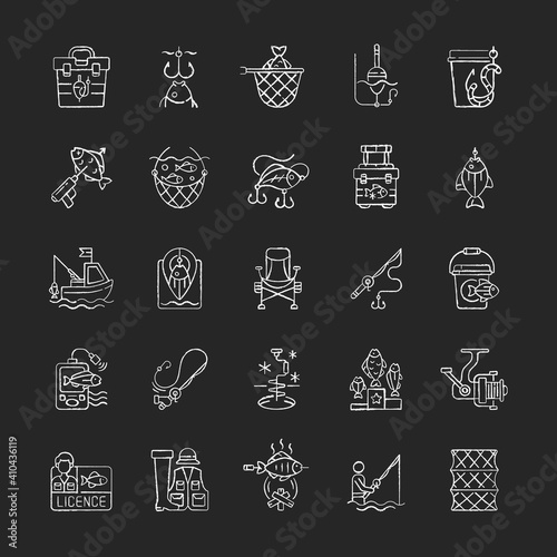 Fishing equipment chalk white icons set on black background. Fishing lounger chair. cooking freshly caught fish. Fish finder, Fishing tournament. Isolated vector chalkboard illustrations