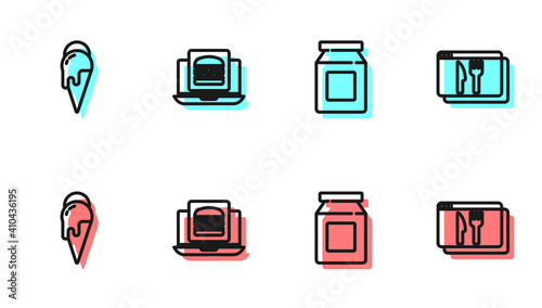 Set line Online ordering and delivery, Ice cream, burger and icon. Vector.