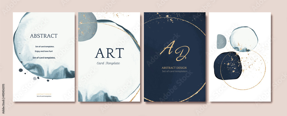 Set of card with abstract shape, splash gold. watercolor concept. Navy blue poster, invite. Vector decorative greeting card or invitation design background - obrazy, fototapety, plakaty 