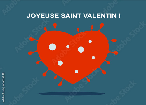La saint Valentin perturbée par le virus covid-19. Un cœur en forme de virus symbolise la fête des amoureux.