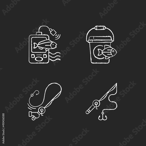 Tools for fishing chalk white icons set on black background. Special fishers equipment. Hobby and leasure activity. Casting spinning. Rod with hooks. Isolated vector chalkboard illustrations