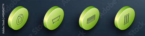 Set Isometric Bottle of shampoo, Bathtub, Hairbrush and Cotton swab for ears icon. Vector.