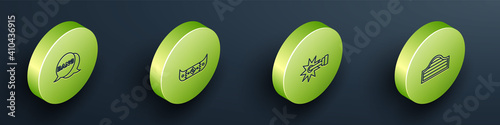 Set Isometric Bang boom, gun Comic, Kayak or canoe and paddle, Spur and Saloon door icon. Vector.