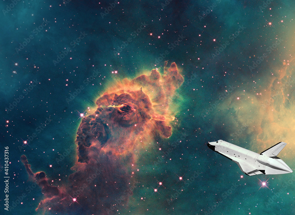 Obraz premium Futuristic image of space travel tourism concept, passing the Carina Nebula with civil spacecraft
