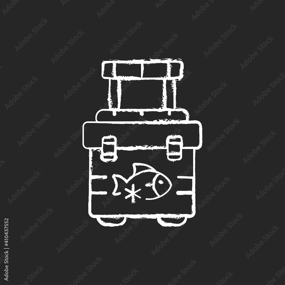 Fishing cooler chalk white icon on black background. Basic fishers equipment. Fishing tool. Preservation of trophy fish. Fishing contest. Fish in fridge. Isolated vector chalkboard illustration Fishing cooler chalk white icon on black background. Basic fishers equipment. Fishing tool. Preservation of trophy fish. Fishing contest. Fish in fridge. Isolated vector chalkboard illustration