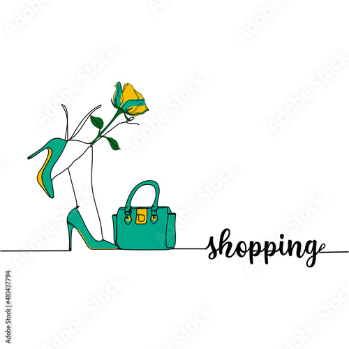 Continuous one line drawing silhouette of a beg and women shoes. Business concept. Lettering - shopping. Vector illustration isolated on the white background.