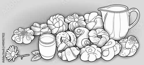 Buns and milk hand drawn vector doodle illustration.