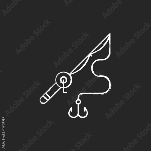 Fishing rod and reel chalk white icon on black background. Basic fishing gear. Carbon matherial. Fishing tournament. Ocean fishing, spinnerbait. Isolated vector chalkboard illustration