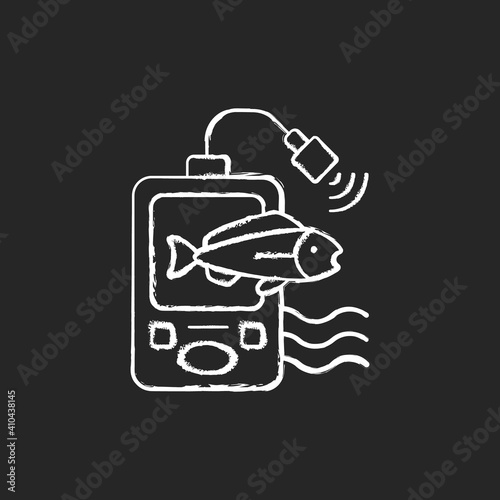 Fish finder chalk white icon on black background. Fishers equipment. Way to find fish. Efficient fishing. Basic fishing gear. Hobby and leasure activities. Isolated vector chalkboard illustration