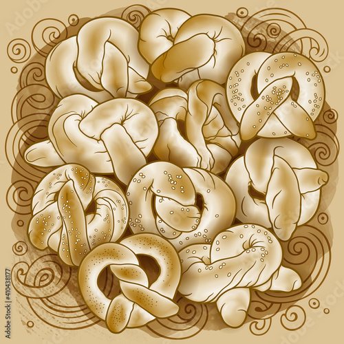 Buns and pastries hand drawn vector doodle illustration.