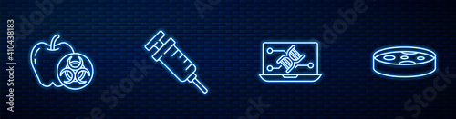 Set line Genetic engineering modification, Genetically modified apple, Syringe and Petri dish with bacteria. Glowing neon icon on brick wall. Vector.