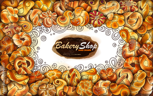 Rolls, bagels, braids hand drawn vector doodles illustration.