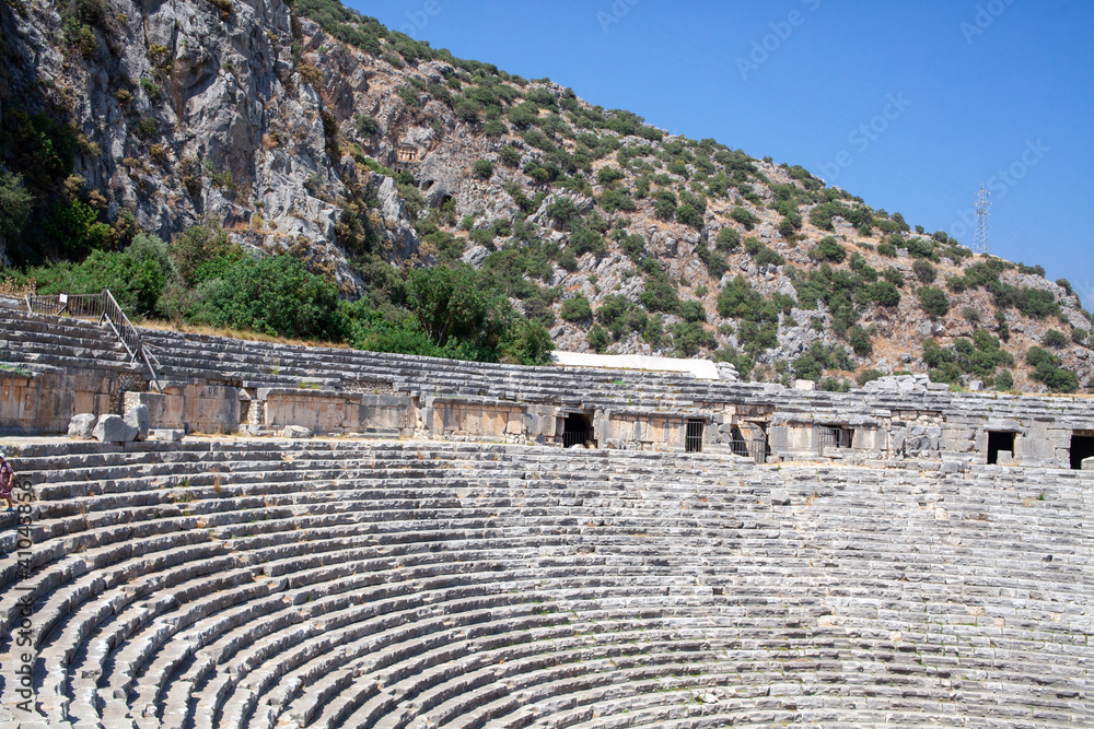 Ancient amphitheater with stone steps in Myra, Turkey
