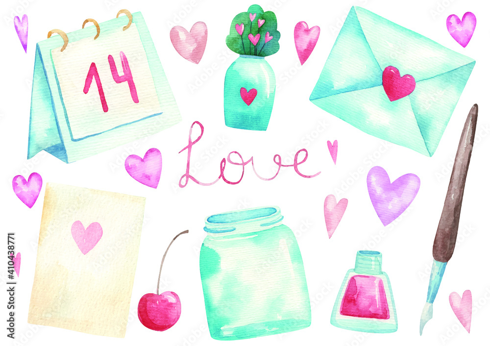 set for valentine's day, envelope, letter, feather and ink, hearts, cute illustration set for valentine's day, envelope, letter, feather and ink, hearts, cute illustration
