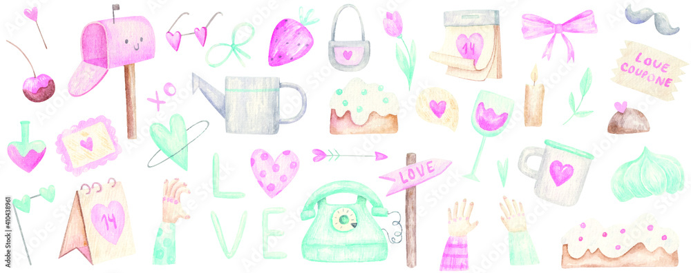big set for valentine's day in pink and mint colors, cute design, watercolor illustration on white background big set for valentine's day in pink and mint colors, cute design, watercolor illustration on white background