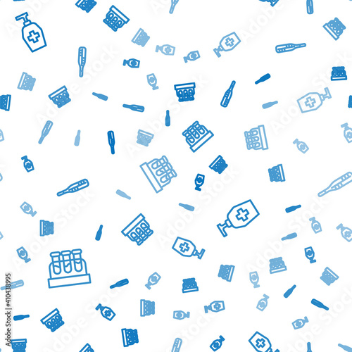 Set line Test tube with blood, Liquid antibacterial soap and Medical thermometer on seamless pattern. Vector.