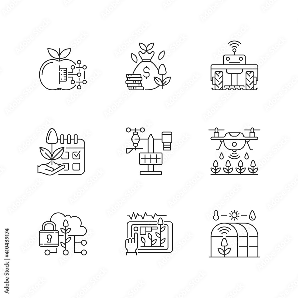 Smart farming linear icons set. Internet of food. Maximum productivity. Agricultural industry management. Customizable thin line contour symbols. Isolated vector outline illustrations. Editable stroke Smart farming linear icons set. Internet of food. Maximum productivity. Agricultural industry management. Customizable thin line contour symbols. Isolated vector outline illustrations. Editable stroke