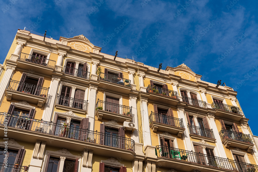BARCELONA, SPAIN, FEBRUARY 3, 2021: Typical modernist Barcelona building facade