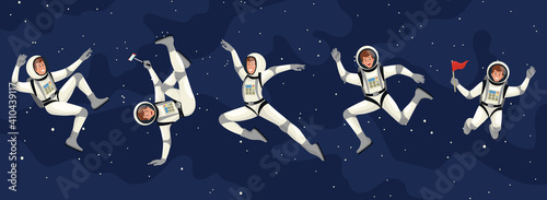 Vector set of cartoon flat spacemans, cosmonauts in spacesuit.Vector cosmonaut characters. Astronaut in space, science astronomy, spacesuit in cosmos illustration