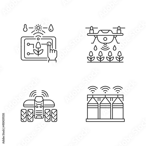 Precision agriculture linear icons set. Automation in horticulture. Smart farm. Crop storage. Customizable thin line contour symbols. Isolated vector outline illustrations. Editable stroke