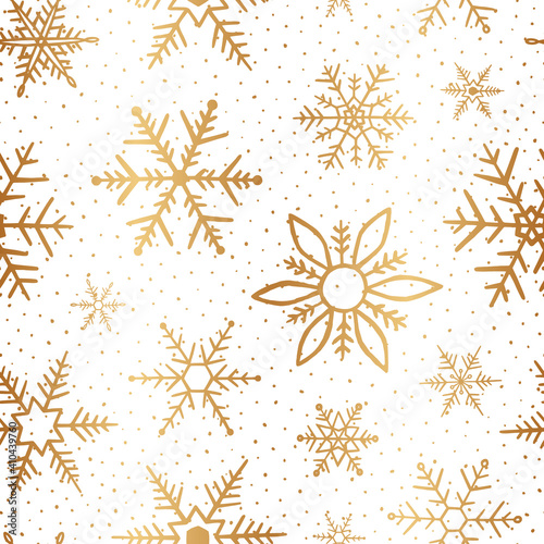 Snowflake golden seamless pattern. Winter gold background. Repeated elegant texture. Repeating delicate snow backdrop. Falling random snowflakes for design winter prints. Scatter snowflakes. Vector